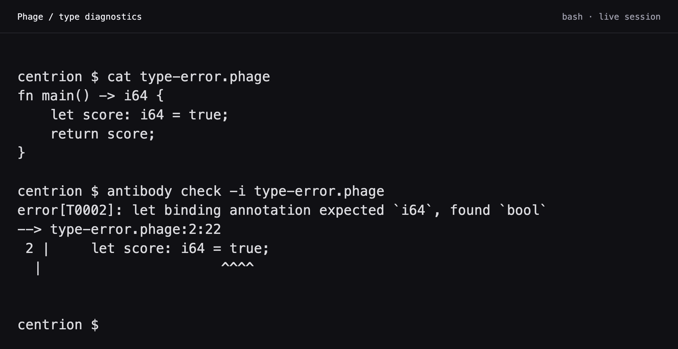 Phage rejects a boolean assigned to an integer and highlights the exact source location.